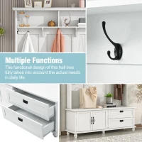 Modern Hall Tree with Storage Cabinet and 2 Large Drawers, Wide Mudroom Bench with 5 Coat Hooks, 59" L x 16" W x 80.5" H, White(m-6)