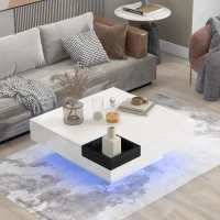 Vinsetto Modern Minimalist 31.5" Square Coffee Table with Detachable Tray and 16-Color LED Strip Lights, Remote Control, 31.5" L x 31.5" W x 12" H, White(m-2)