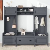 Vinsetto Modern 4-in-1 Hall Tree with Coat Rack, Storage Bench, Entryway Shelf, 7 Metal Hooks, and 4 Cabinets, 78.5" L x 15" W x 72" H, Grey(m-4)