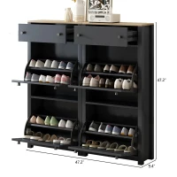 Modern Slim Shoe Cabinet Set with 4 Flip Drawers, Wood Grain Pattern Top, Adjustable Panels, Shoe Rack for Hallway, Black(m-12)