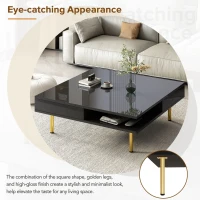 Exquisite High Gloss Coffee Table with 4 Golden Legs, 2 Small Drawers, and 2-Tier Square Center Table for Living Room, Black(m-6)