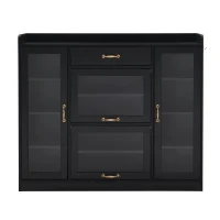 Vinsetto Modernist Side Storage Cabinets with 4 Glass Doors & 3 Hooks, Freestanding Shoe Rack with Adjustable Shelves, Gold Handles, Black(m-2)