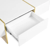 Minimalist High Gloss Coffee Table with 2 Drawers, Storage Rectangle Sofa Table, with Golden Wood Legs, 47" L x 31.5" W x 15.5" H, White(m-10)