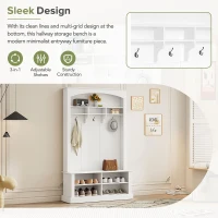 47.5'' Wide Hall Tree with Shoe Storage, 3 Hanging Hooks, Adjustable Shelves, and Multi-Functional Design for Hallway, White(m-5)