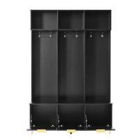 Modern Hall Tree with Bench, High Gloss Fluted Doors, 6 Gold Hooks, and Storage Cubbies, 49.5" L x 15.5" W x 75.5" H, Black+Gold(m-2)