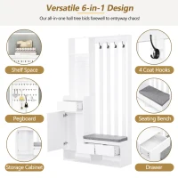 Contemporary Hall Tree with Cushioned Storage Bench, Multifunctional Coat Rack Stand, with Pegboard and 4 Hooks, 39.5" L x 12" W x 71" H, White(m-7)