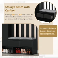 Contemporary Hall Tree with Cushioned Storage Bench, Multifunctional Coat Rack Stand, with Pegboard and 4 Hooks, 39.5" L x 12" W x 71" H, Black(m-6)