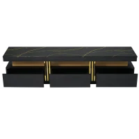 Vinsetto Luxury TV Stand with High Gloss Faux Marble Top for TVs Up to 78", Media Console with Golden Panel Design and 3 Drawers, Black+Gold(m-2)