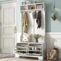 Vinsetto All-in-One Hall Tree with 3 Top Shelves, 2 Flip Shoe Storage Drawers, Storage Bench, and Metal Hanging Hooks, 39.5" L x 18" W x 71" H, White(m-1)