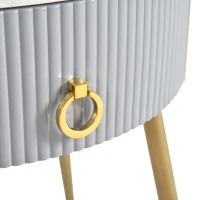 Set of 2 Modern End Tables with Storage, Faux Marble Tabletops, Fluted Panels, and Golden Legs, 19.5" L x 19.5" W x 20.5" H, Grey+Gold(m-8)