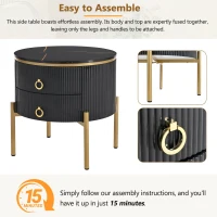 Vinsetto Round End Table with Storage Drawers, Modern Faux Marble Tabletop, Metal Legs and Handles, Black+Gold(m-6)