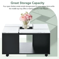 Vinsetto Modern 2-Layer Coffee Table with Casters and Removable Tray, Square Cocktail Table with UV High-Gloss Marble Design, White+Black(m-6)