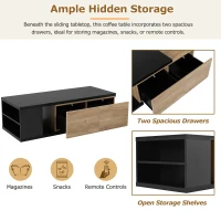 Vinsetto Extendable Coffee Table with 2 Storage Drawers, Dual-tone Wood Center Table with Sliding Tabletop, Multi-functional Hidden Storage, Black(m-8)