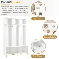 Modern Hall Tree with Bench, High Gloss Fluted Doors, 6 Gold Hooks, and Storage Cubbies, 49.5" L x 15.5" W x 75.5" H, White+Gold(m-7)