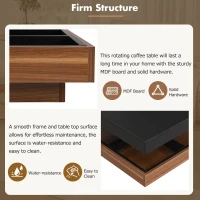 Square 360° Rotating Wood Coffee Table with 3 Detachable Trays, Storage Table for Living Room, 27.5" L x 27.5" W x 14" H, Black+Dark Walnut(m-8)