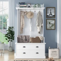 Vinsetto Vintage Style Hallway Coat Rack with 5 Metal Hooks and 2 Large Drawers, MDF Veneer, 38.5" Wide, White(m-4)