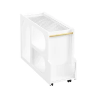 Mobile End Table with Lockable Wheels, Fluted Tempered Glass, Golden Round Rod, Side Table for Living room, 31.5" L x 12" W x 23" H, White(m-13)