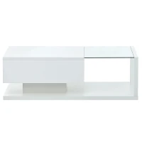 Modern Coffee Table with Tempered Glass, Wooden Cocktail Table with High-Gloss UV Surface, 2-Tier Rectangle Center Table for Living Room, White(m-2)