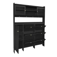 Vinsetto Multifunctional Shoe Cabinet with Storage Shelf, 6 Drawers, 4 Hooks and Tempered Glass Doors, Modern Hall Tree, 62" L x 7" W x 82" H, Black(m-13)