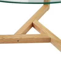 Round Coffee Table with Tempered Glass Top and Sturdy Wood Base, Modern Cocktail Table, Easy Assembly, 35.5" L x 35.5" W x 17.5" H, Natural(m-12)