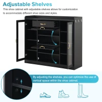 Vinsetto Modernist Side Storage Cabinets with 4 Glass Doors & 3 Hooks, Freestanding Shoe Rack with Adjustable Shelves, Gold Handles, Black(m-8)