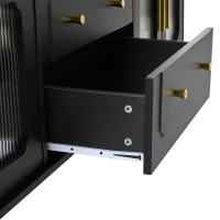 Retro Design TV Stand with Fluted Glass Doors, 2 Drawers and Cabinets, Fits TVs Up to 78", 70" L x 16" W x 22" H, Black(m-10)