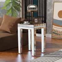 Modern Glass Mirrored Side Table with Crystal Design and Adjustable Height Legs, Easy Assembly End Table, 15" L x 15" W x 22.5" H, Silver(m-4)