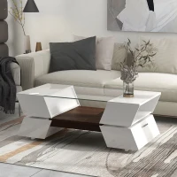 Glass-Top Coffee Table with Open Shelves and Cabinets, Geometric Style, 2-Tier Center Table for Living Room, 45" L x 22" W x 15" H, White(m-4)