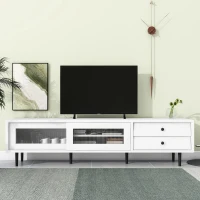 Vinsetto Chic Elegant Design TV Stand with Sliding Fluted Glass Doors, Slanted Drawers Media Console for TVs Up to 75", TV Cabinet with Storage Space, White(m-4)