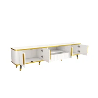 Luxury Minimalism TV Stand with Open Storage Shelf for TVs Up to 85", Entertainment Center with Cabinets and Drawers, White+Gold(m-12)