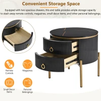 Vinsetto Round End Table with Storage Drawers, Modern Faux Marble Tabletop, Metal Legs and Handles, Black+Gold(m-7)