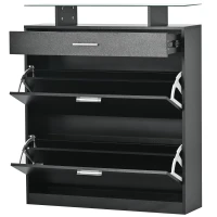 Shoe Cabinet with 2 Flip Drawers and Adjustable Shoe Storage, Tempered Glass Top, LED Light, 35" L x 9.5" W x 41" H, Black(m-12)