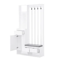 Contemporary Hall Tree with Cushioned Storage Bench, Multifunctional Coat Rack Stand, with Pegboard and 4 Hooks, 39.5" L x 12" W x 71" H, White(m-2)