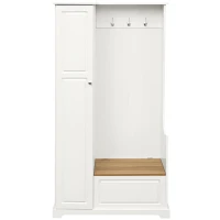 Hall Tree with Flip-Up Bench, Adjustable Shelves, and Hanging Hooks for Entryways, 36" L x 15.5" W x 70.5" H, White(m-2)