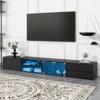 Modern APP Controlled LED TV Stand for TVs Up to 105", Faux Marble Media Console, with Tempered Glass Doors, 2 Drawers & Cabinets, Black(m-1)