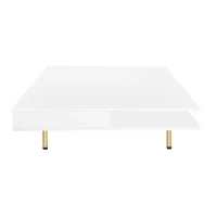 Exquisite High Gloss Coffee Table with 4 Golden Legs, 2 Small Drawers, and 2-Tier Square Design for Living Room, 33.5", White(m-14)