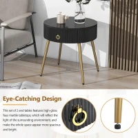 Set of 2 Modern End Tables with Storage, Faux Marble Tabletops, Fluted Panels, and Golden Legs, 19.5" L x 19.5" W x 20.5" H, Black+Gold(m-6)