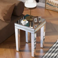 Modern Glass Mirrored Side Table with Crystal Design and Adjustable Height Legs, Easy Assembly End Table, 15" L x 15" W x 22.5" H, Silver(m-1)