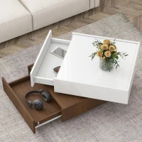 Vinsetto Square 360° Rotating Coffee Table with 2 Drawers, High Gloss 2-Tier Center Table with Swivel Tabletop and Storage, White+Walnut(m-1)
