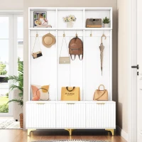 Modern Hall Tree with Bench, High Gloss Fluted Doors, 6 Gold Hooks, and Storage Cubbies, 49.5" L x 15.5" W x 75.5" H, White+Gold(m-4)