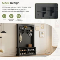 47.5'' Wide Hall Tree with Shoe Storage, 3 Hanging Hooks, Adjustable Shelves, and Multi-Functional Design, 47.5" L x 16" W x 75.5" H, Black(m-5)
