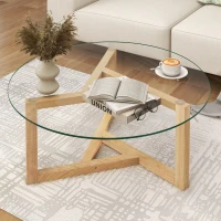 Round Coffee Table with Tempered Glass Top and Sturdy Wood Base, Modern Cocktail Table, Easy Assembly, 35.5" L x 35.5" W x 17.5" H, Natural(m-1)