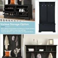 Vinsetto All in One Hall Tree with 3 Top Shelves and 2 Flip Shoe Storage Drawers, Wood Hallway Organizer with Metal Hanging Hooks, Black(m-5)