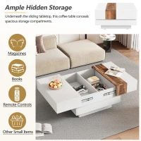 Vinsetto 31.5'' Square Coffee Table with Sliding Tabletop, High Gloss Finish, Hidden Storage Compartment, Extendable to 45.5'', White(m-5)