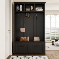Vinsetto Versatile 4-in-1 Hall Tree with 6 Golden Hooks, Brown Wood Grain Bench, Multiple Storage Spaces, and 2 Drawers, 47" L x 15.5" W x 76.5" H, Black(m-1)