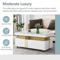Vinsetto Contemporary Coffee Table with Faux Marble Top, Rectangle Cocktail Table with Caster Wheels and Two Drawers, 39.5" L x 20" W x 17.5" H, White(m-5)