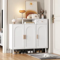 Elegant Shoe Cabinet with Arched Doors and Drawer, Adjustable Shelves, Solid Wood Legs, 47.5" L x 14.5" W x 43.5" H, White(m-4)