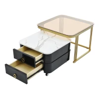 2-in-1 Square Nesting Coffee Table with Wheels & Drawers, High Gloss Marble Grain Top, Tempered Glass, 29" L x 27" W x 16" H, Black+Gold(m-2)