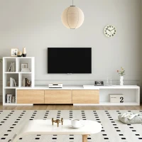 Vinsetto Extendable TV Stand with 3-Tier Bookshelves, Adjustable Center with Storage Cabinets, Sliding Tabletop Media Console for TVs up to 110", White(m-1)