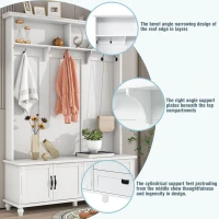 Modern Hall Tree with Storage Cabinet and 2 Large Drawers, Wide Mudroom Bench with 5 Coat Hooks, 59" L x 16" W x 80.5" H, White(m-5)